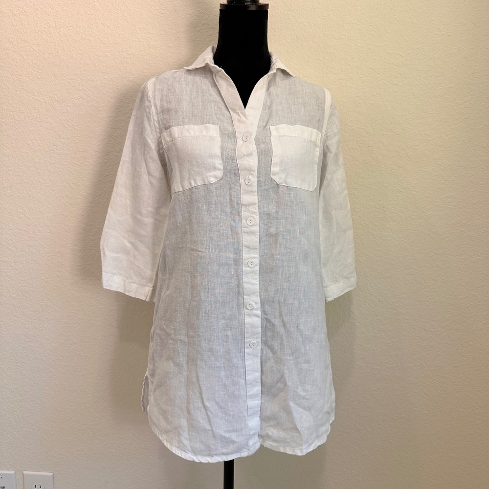 Dolma White 100% Linen Button Up‎ Roll Tab Sleeve Tunic Top Casual Lagenlook S